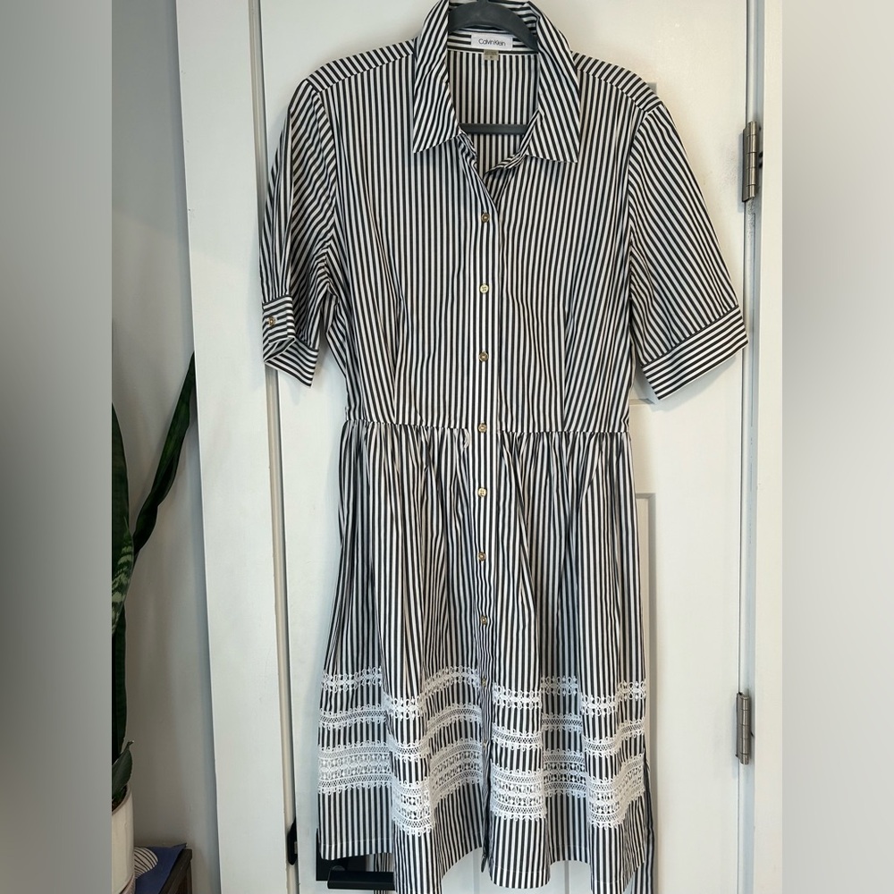 Calvin Klein Stripped Button Up Dress with Belt Size 10